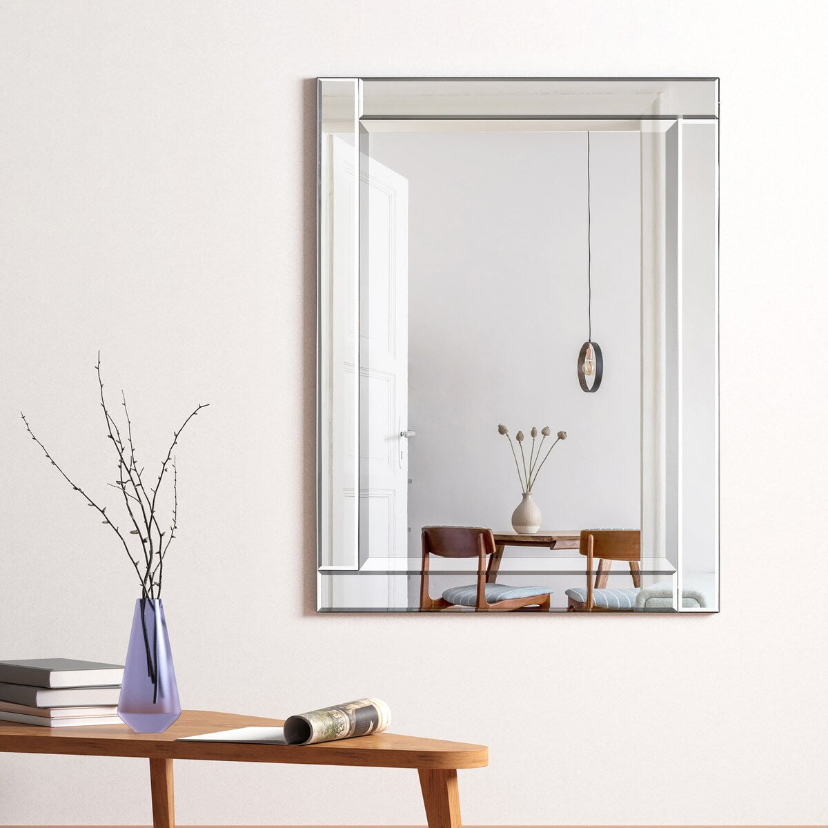 Beveled Rectangle Wall Mirror,Solid Wood Frame,1-Beveled Center, Bathroom,Bedroom,Living Room,Ready to Hang - Clear