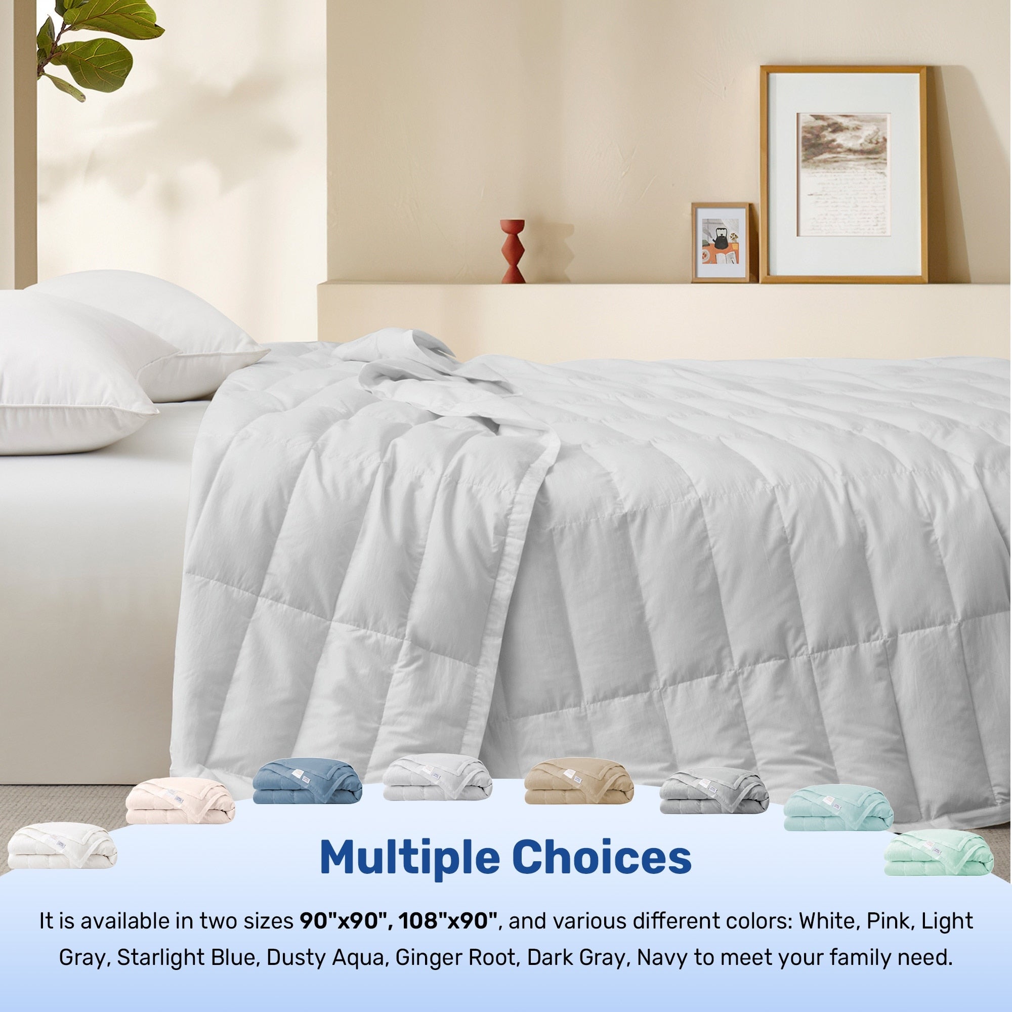 Luxurious White Down Blanket with Satin Trim, Tencel Comforter for All-Season