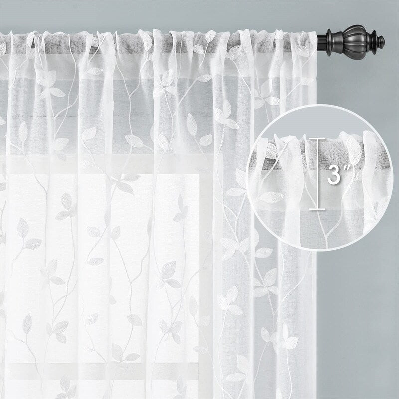 2 Panels Embroidered Leaf Pattern Curtains