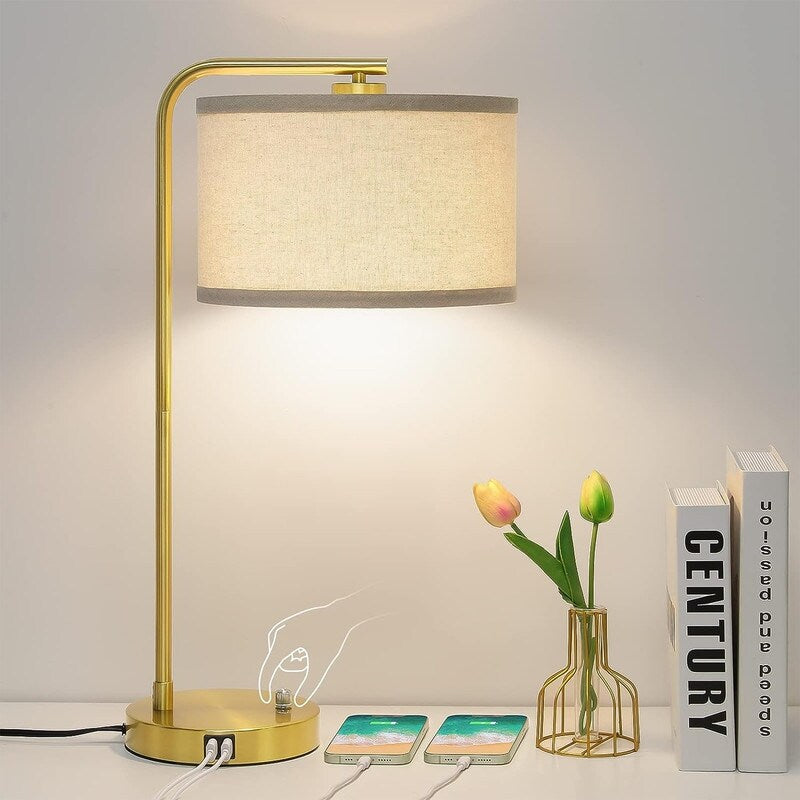 Dual USB port side table lamp, dimmable bedside lamp, desktop reading light - 13.98D x 13.98W x 25H