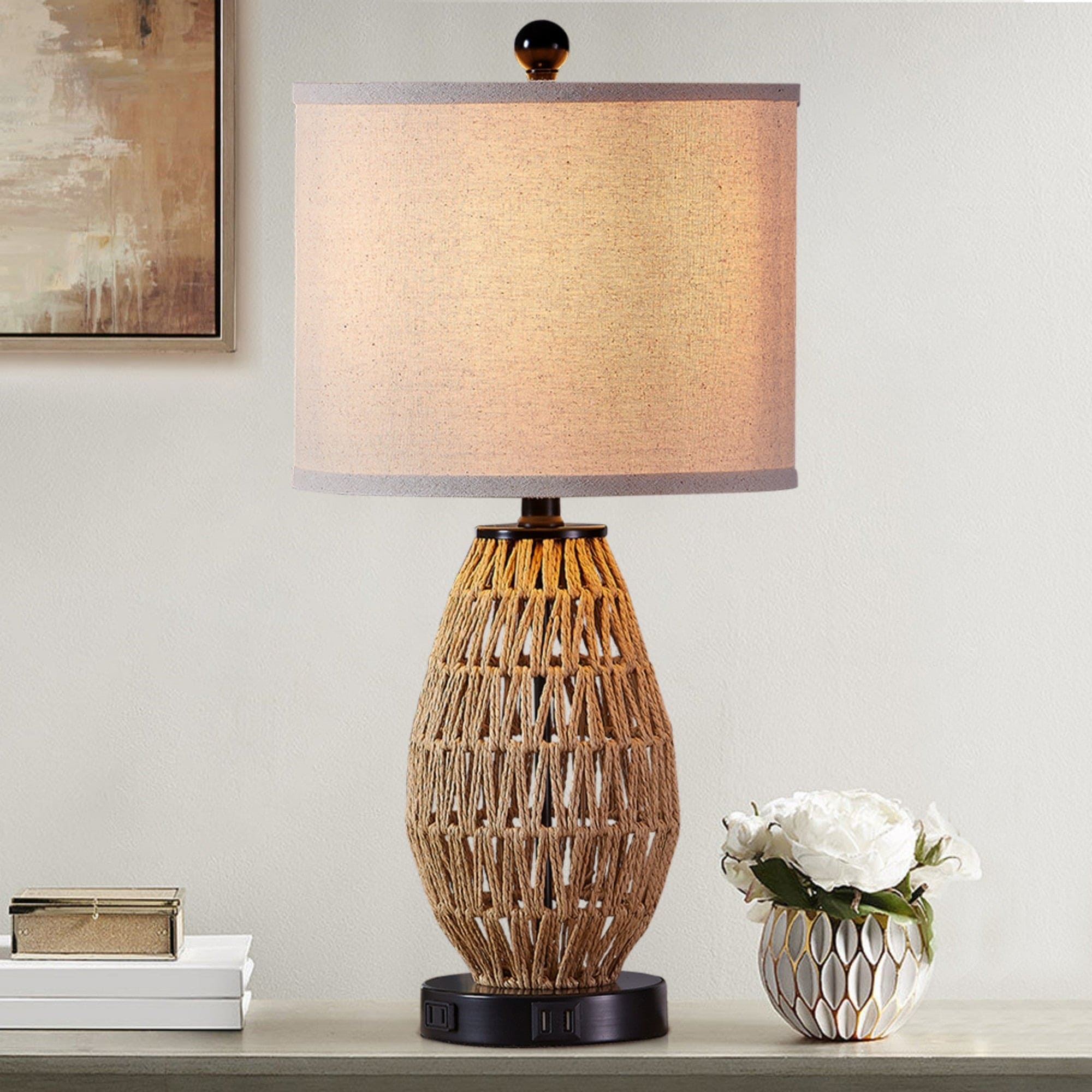 Brown Rattan Woven Table Lamp with 3-way Touch Dimming Switch USB Charging Ports and AC Outlet