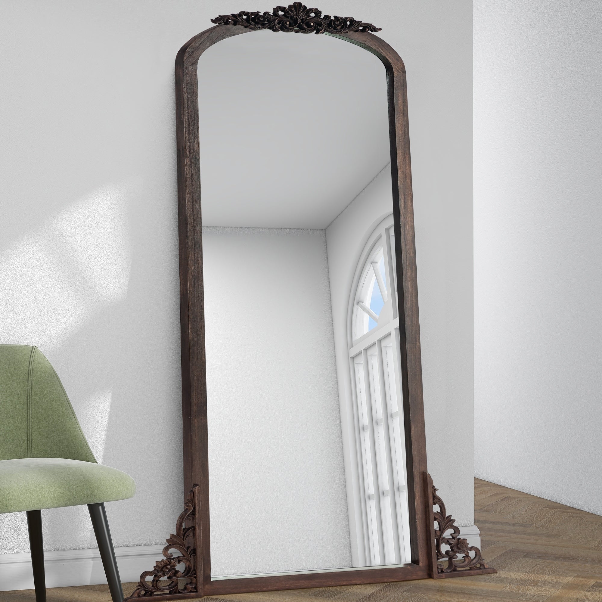 Arched Full-Length Solid Wood Carving Floor Mirror - 67*28