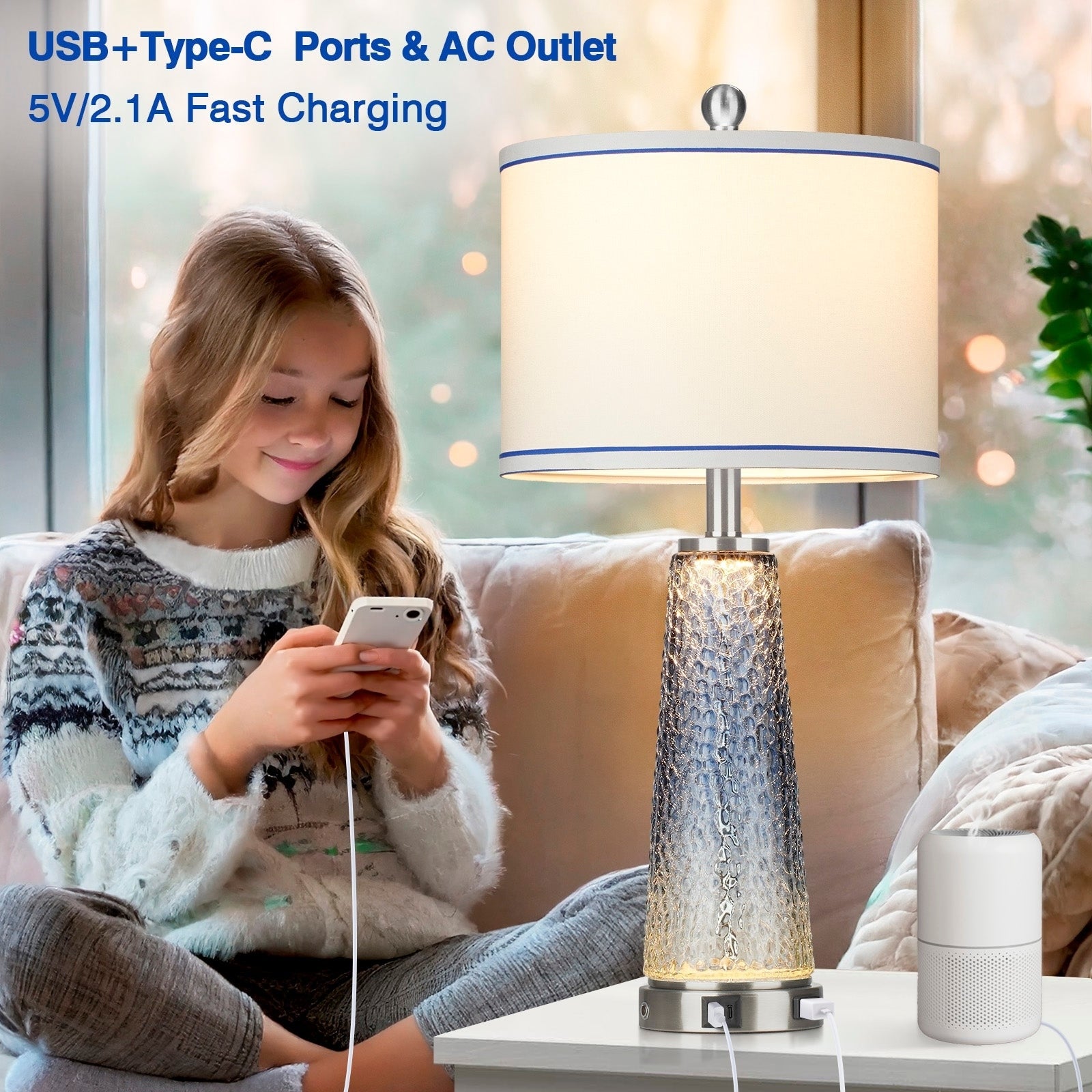 Table Lamps Nightlight 2in1 Glass Blue Charging Ports 2-Way Touch Switch (Set of 2) - 12'' x 12'' x 26'' (L x W x H)