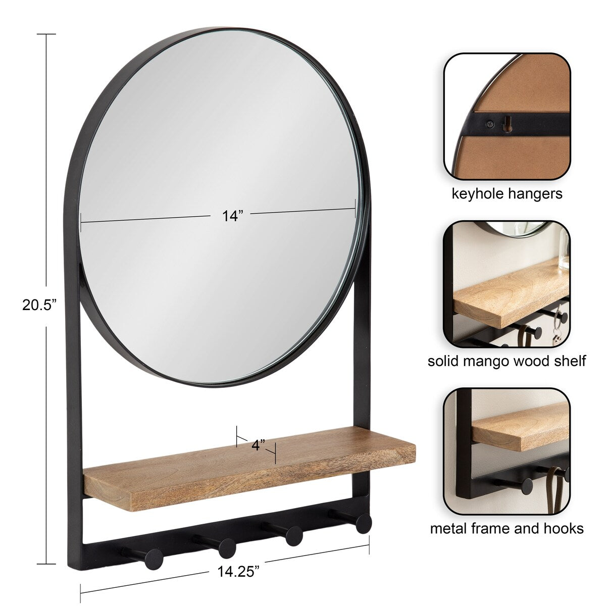 Kate and Laurel Chadwin Round Mirror with Shelf and Hooks