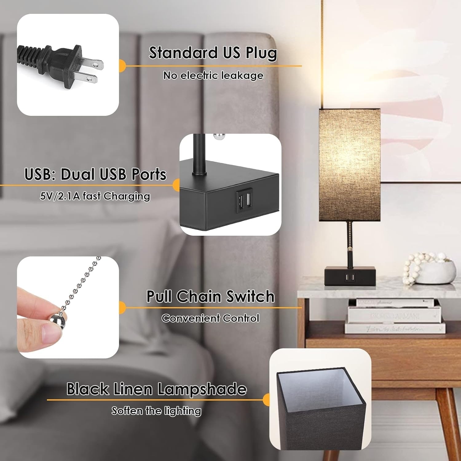 The Bedside Table Lamp, Pull Chain Table Lamp with USB C+A Charging Ports, 2700K LED Bulb, Fabric Linen Lampshade