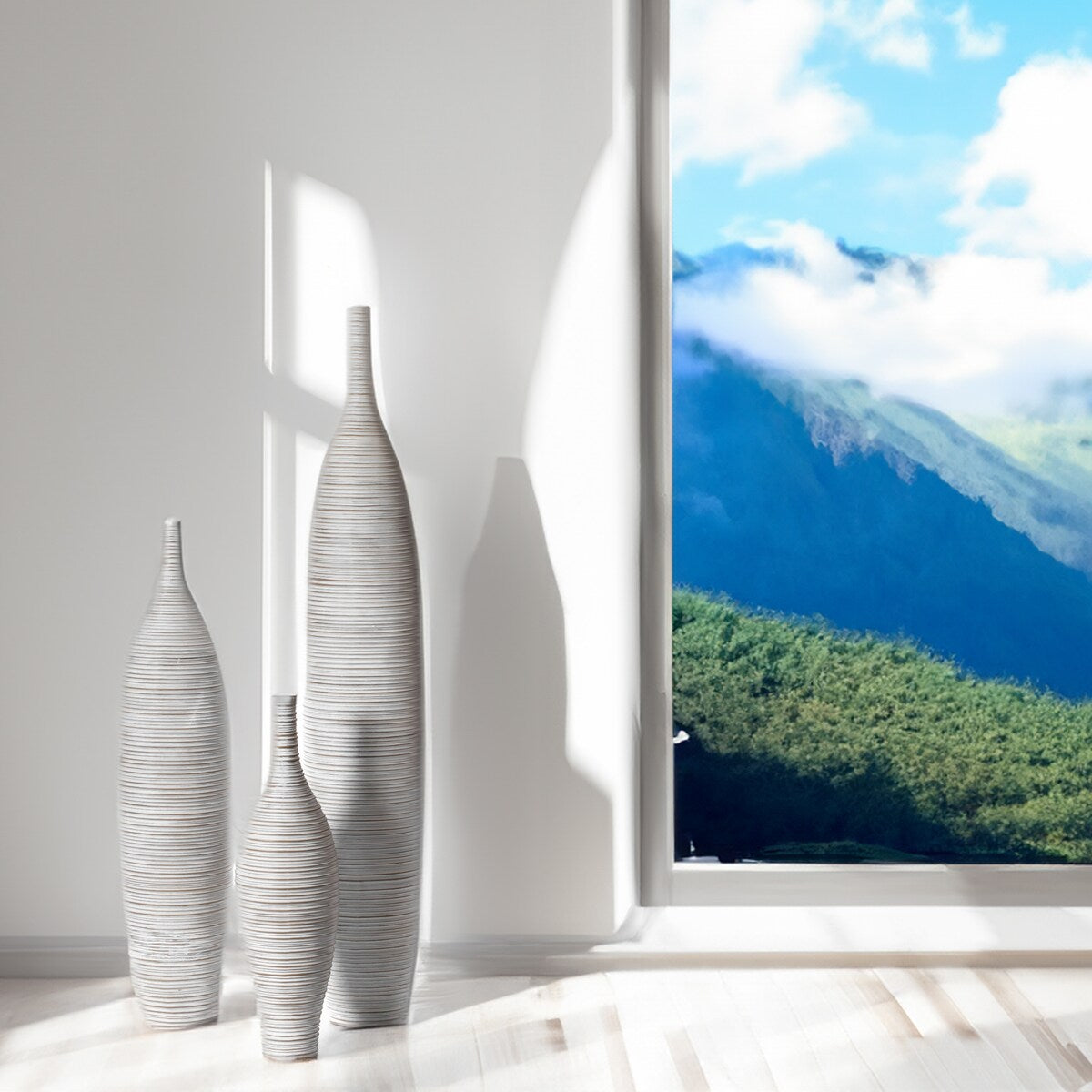 White Floor Vase, Ribbed Design, Modern Elegant Home Decoration, Room Enhancement, Sculptural Look, Sophisticated Decor