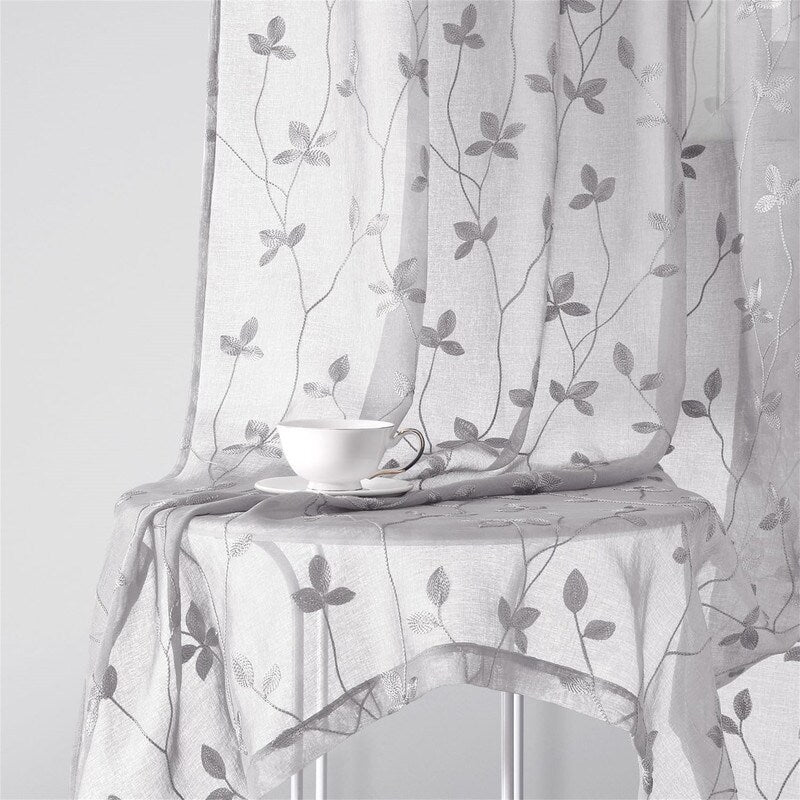 2 Panels Embroidered Leaf Pattern Curtains