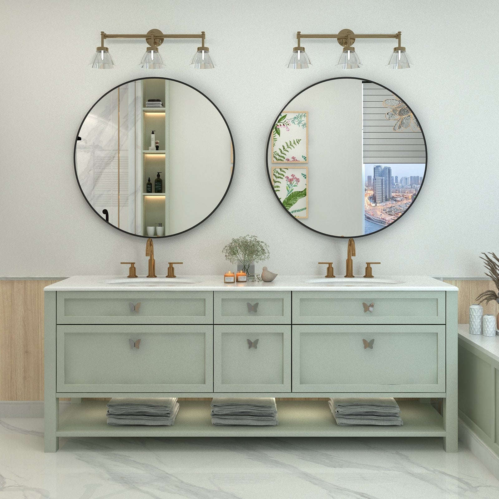 Apmir Round Metal Black Frame Bathroom Vanity Mirror Wall-mounted mirror