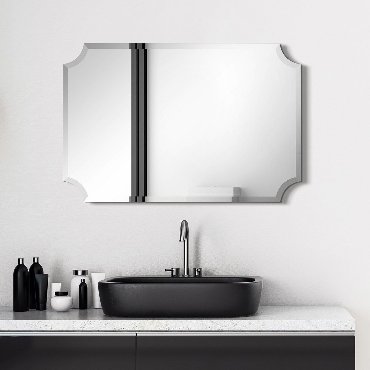 Frameless Rectangle Scalloped Beveled Wall Mirror - Clear