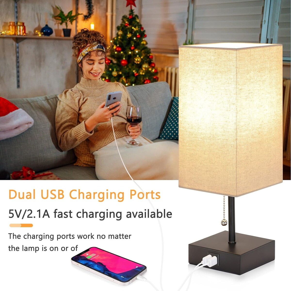 The Bedside Table Lamp, Pull Chain Table Lamp with USB C+A Charging Ports, 2700K LED Bulb, Fabric Linen Lampshade