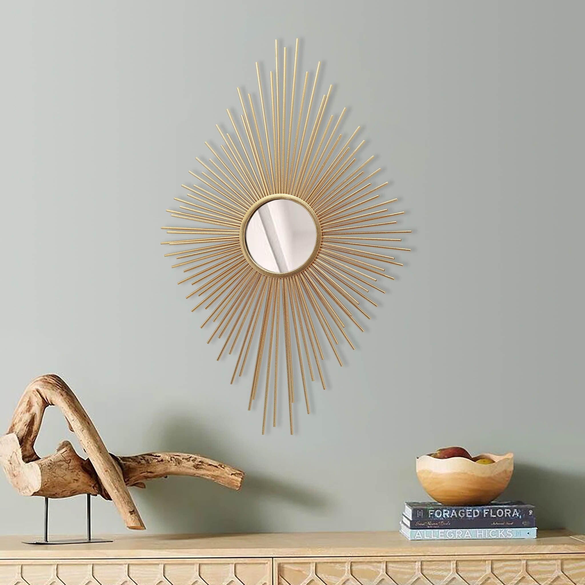 Metal Sunburst Wall Mirror, Diamond Shaped Champagne Gold Wall Mirror