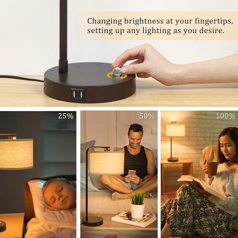 Dual USB port side table lamp, dimmable bedside lamp, desktop reading light - 13.98D x 13.98W x 25H