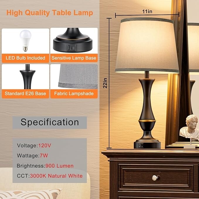 Touch Lamps Set of 2 - Nightstand Table Lamp with USB C+A, 3 Way Dimmable