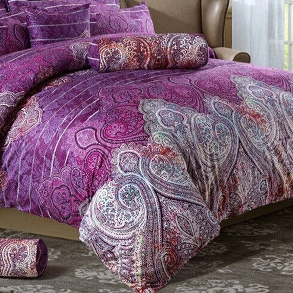 3pc California King Size Bedding Set Paisley Print Purple