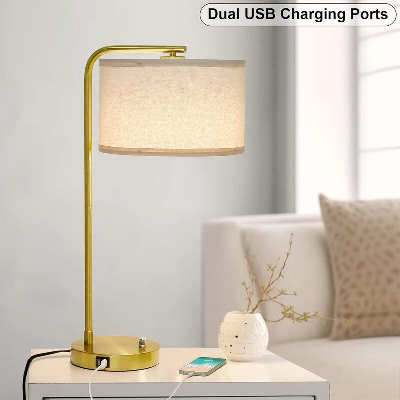 Dual USB port side table lamp, dimmable bedside lamp, desktop reading light - 13.98D x 13.98W x 25H