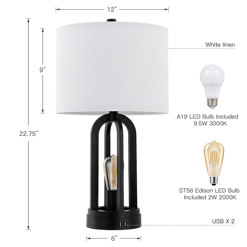 Black Table Lamp with USB Port and Nightlight, LED Bulbs Included (Set of 2) - 22.75'' H