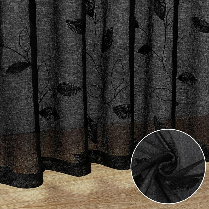 2 Panels Embroidered Leaf Pattern Curtains