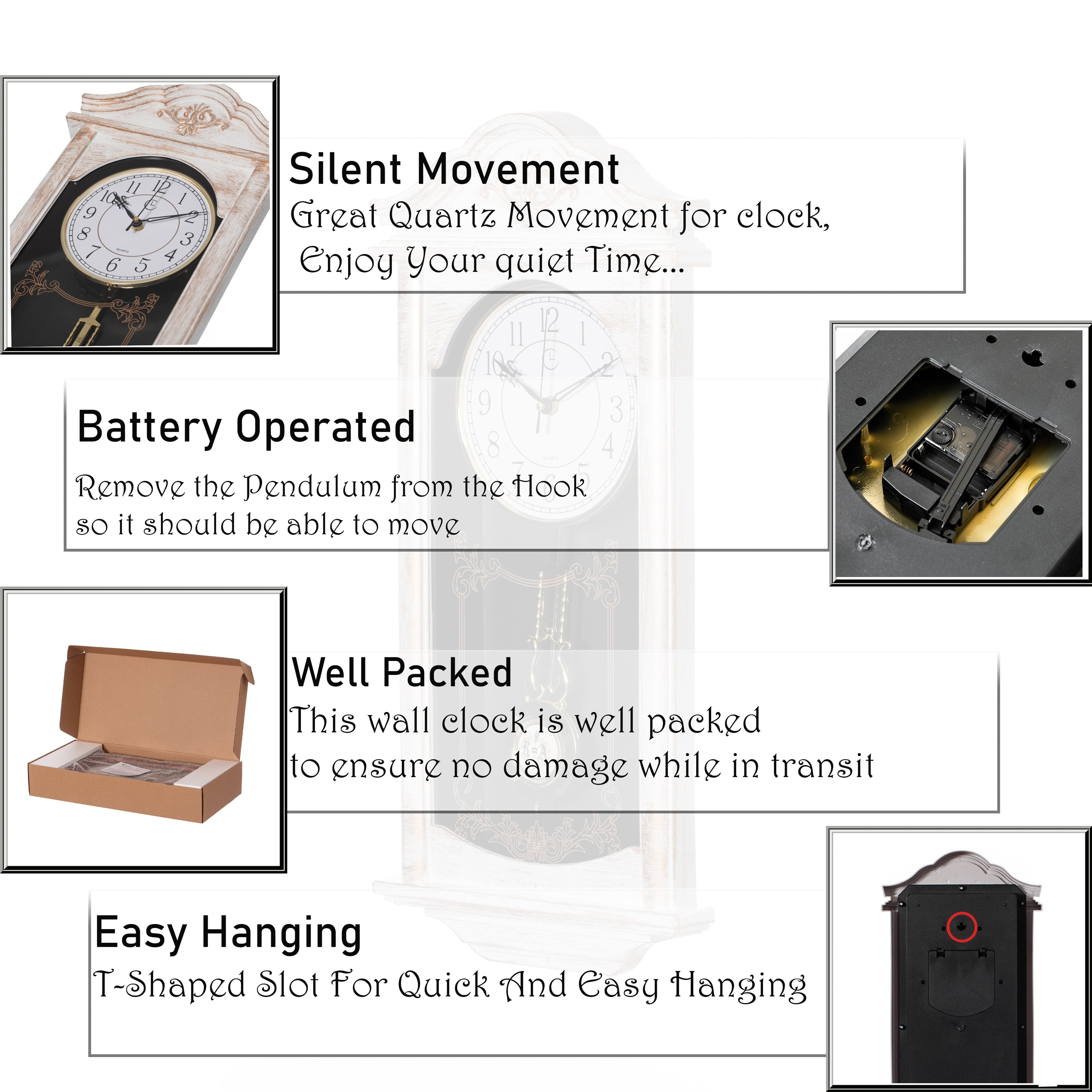 Clockswise Vintage Grandfather Wood-Looking Plastic Pendulum Decorative Battery-Operated Wall Clock Brown, for Home Decor