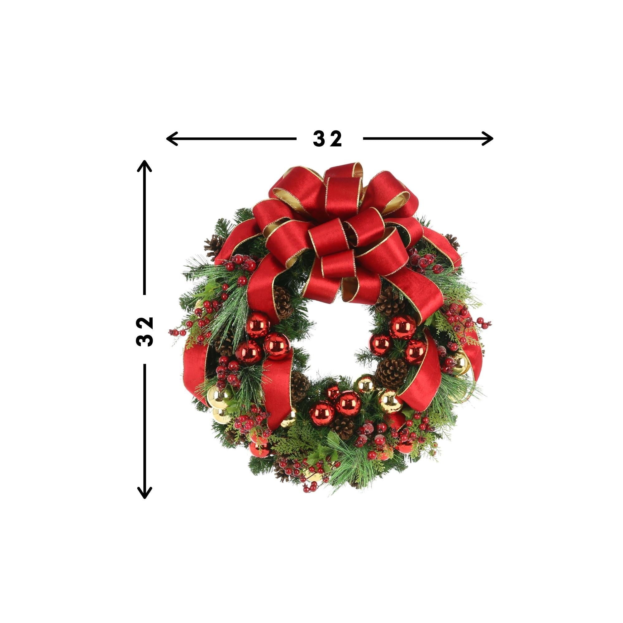 32 in Holiday Wreath with Pinecones, Berries, Ornaments and Ribbon - Red, Gold, Green, Brown - 32Hx32Wx9D