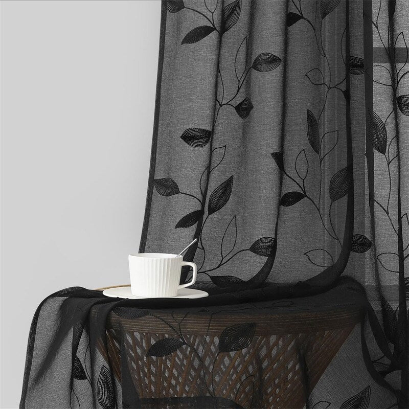 2 Panels Embroidered Leaf Pattern Curtains