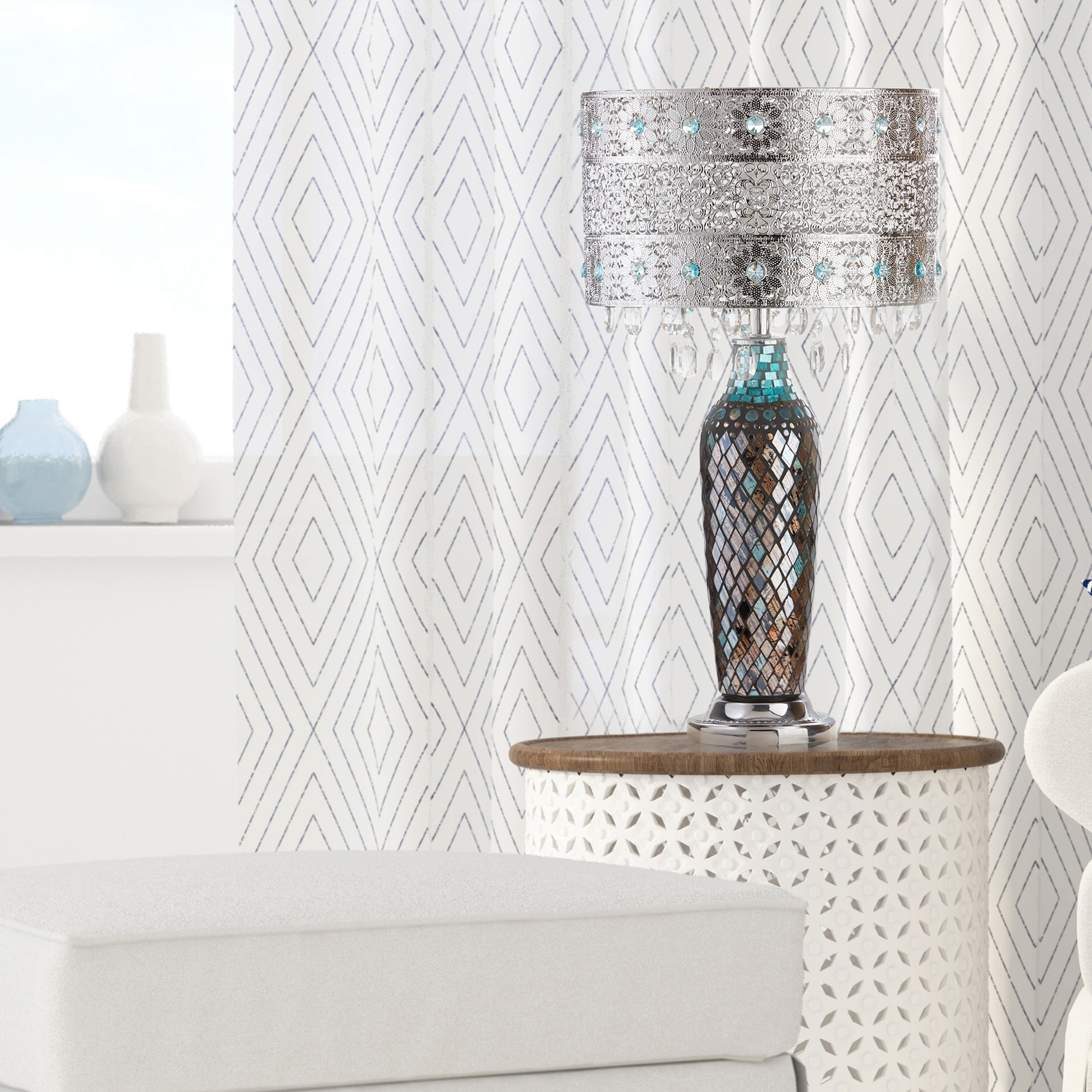 Metal Mosaic Hanging Glass Crystal Table Lamp - 13L x 13W x 24.25H