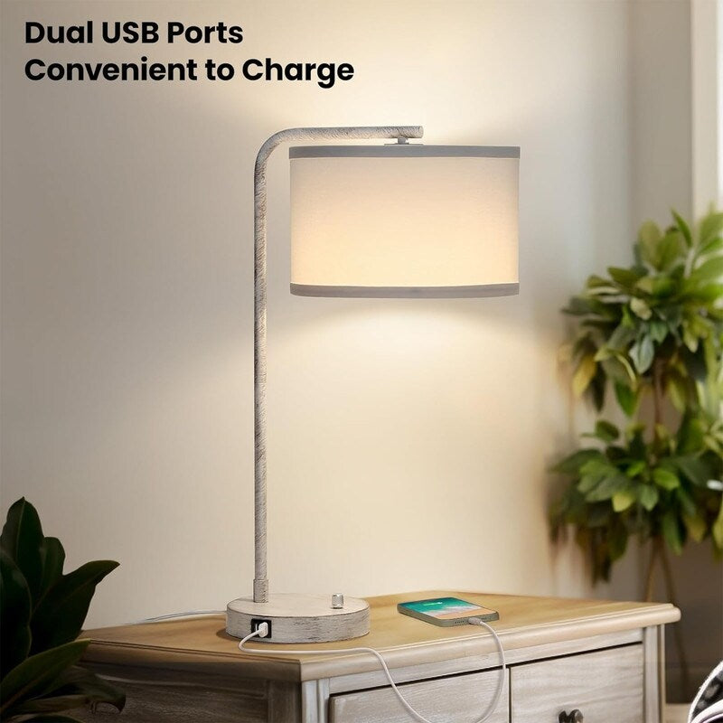 Dual USB port side table lamp, dimmable bedside lamp, desktop reading light - 13.98D x 13.98W x 25H