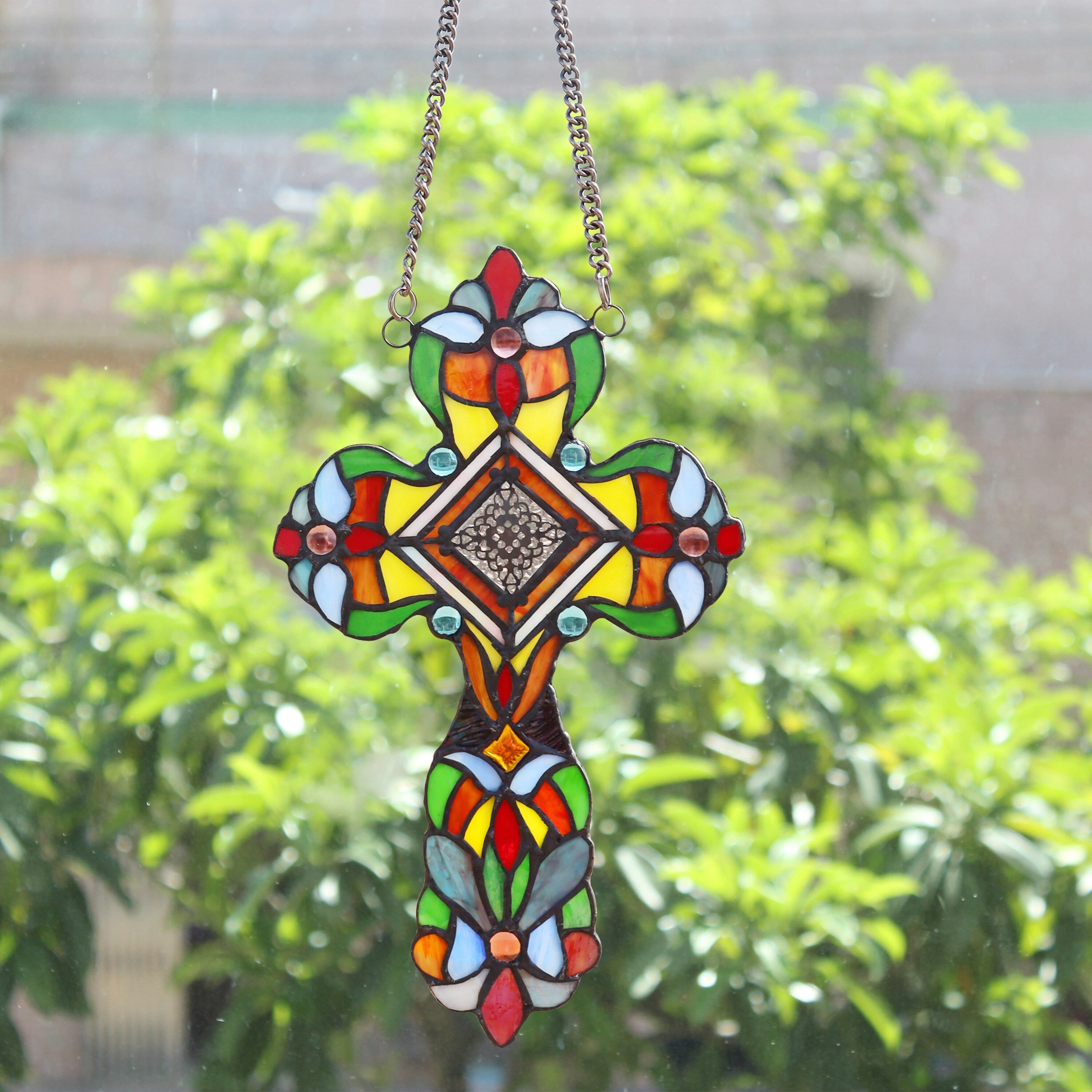 13 x 8 Victorian Design Cross Stained Glass Panel/ Suncatcher