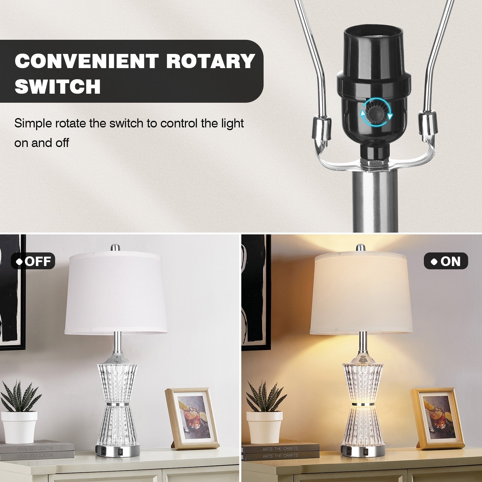 White Acrylic Table Lamp Night light 2in1 with 2 USB Charging Ports 1 AC Outlet Rotary Switch & Rocker Switch (Set of 2)