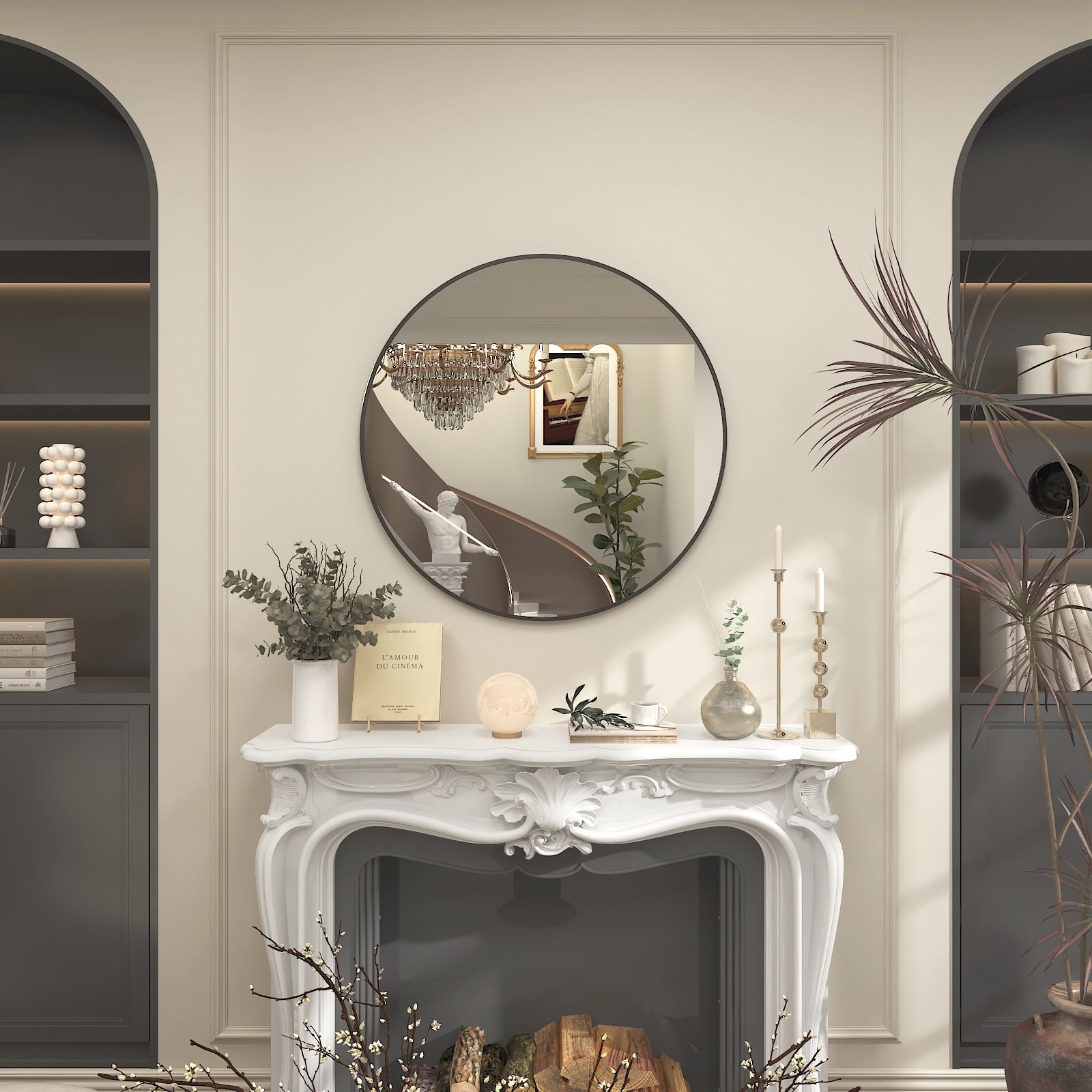 Apmir Round Metal Black Frame Bathroom Vanity Mirror Wall-mounted mirror