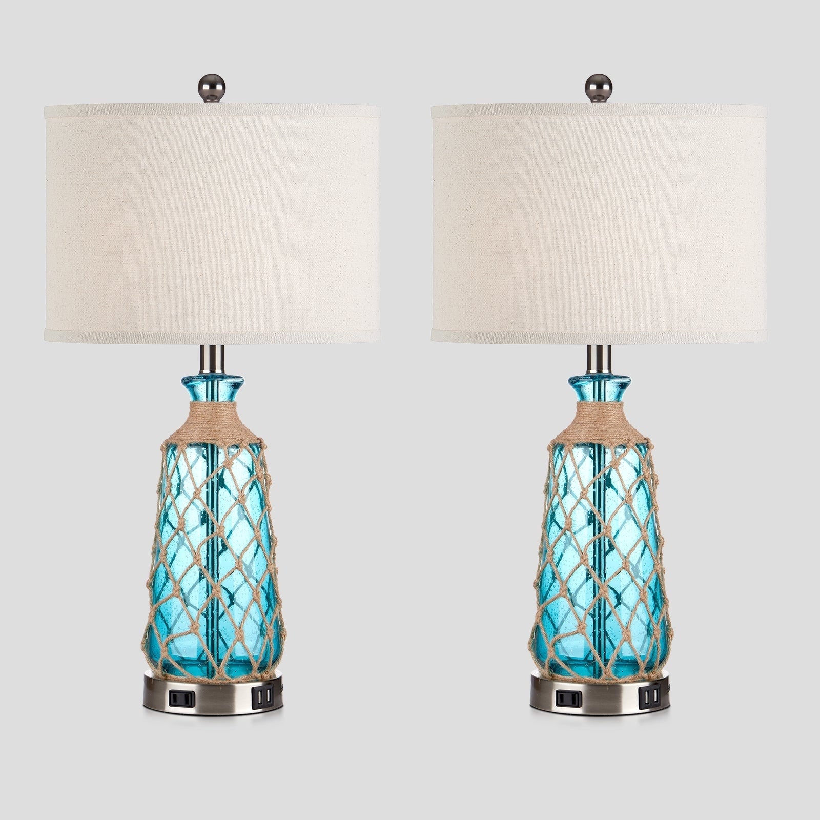 Blue Bubble Glass Table Lamp with Artistic Woven Rattan 3-way Dimming USB Port AC Outlet (Set of 2)