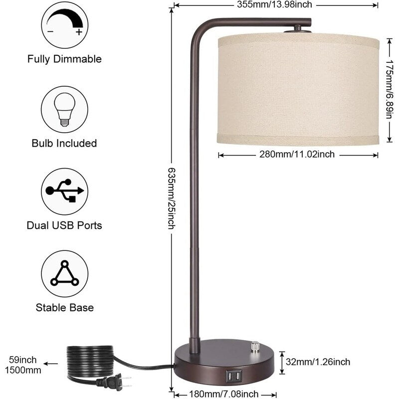 Dual USB port side table lamp, dimmable bedside lamp, desktop reading light - 13.98D x 13.98W x 25H