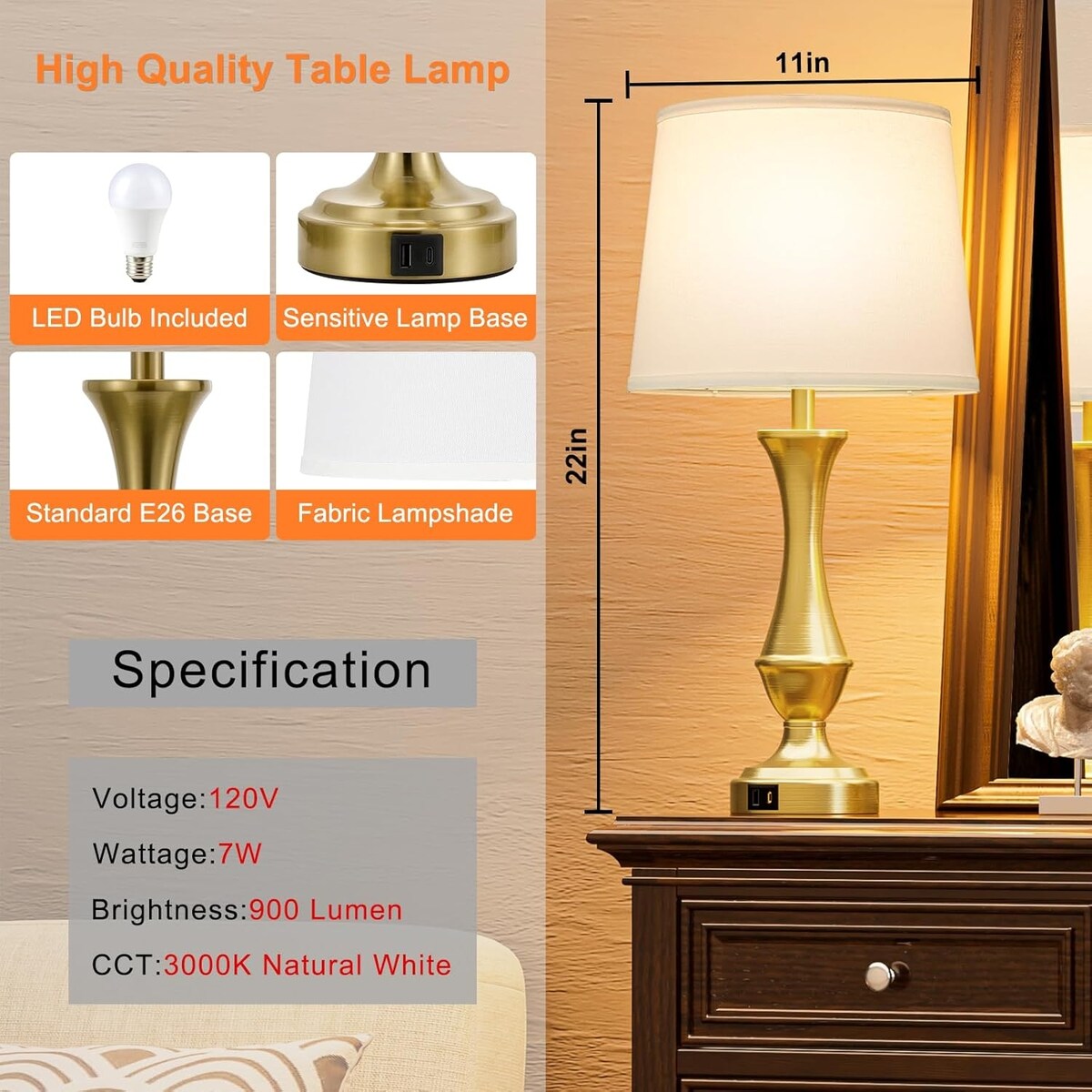 Touch Lamps Set of 2 - Nightstand Table Lamp with USB C+A, 3 Way Dimmable