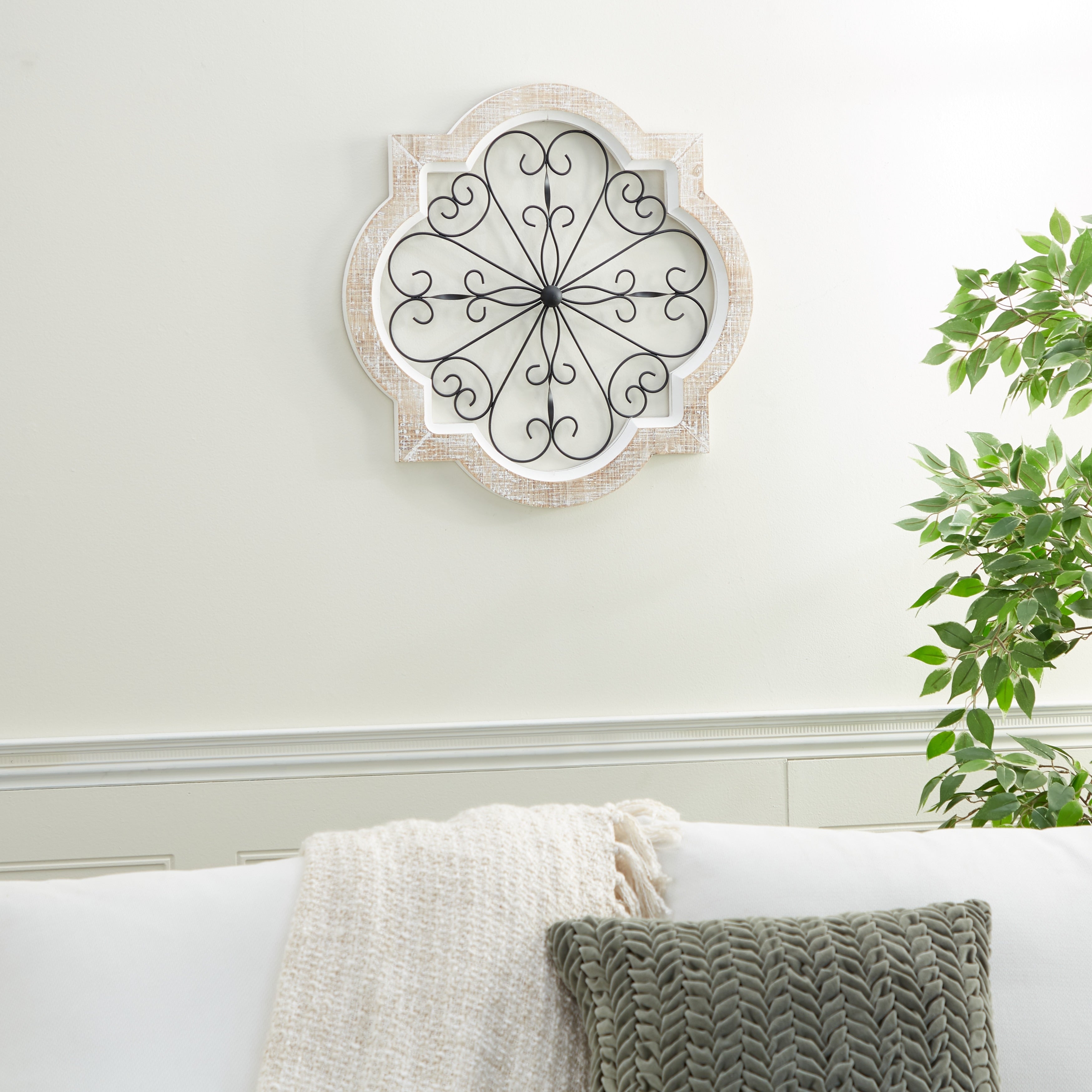 Wooden Scroll Wall Decor with Metal Scroll Work - White - Roche River Decor