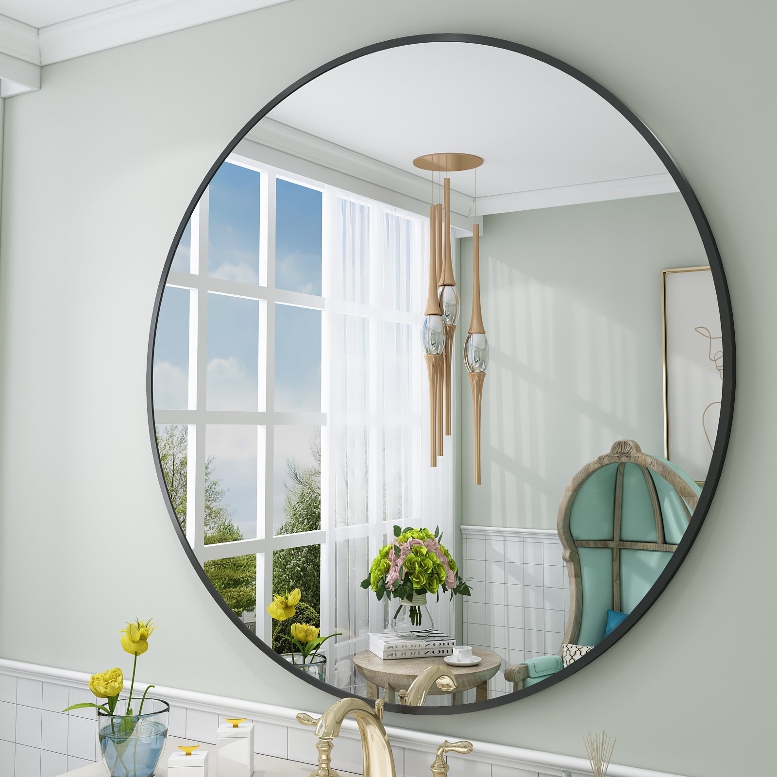 Apmir Round Metal Black Frame Bathroom Vanity Mirror Wall-mounted mirror