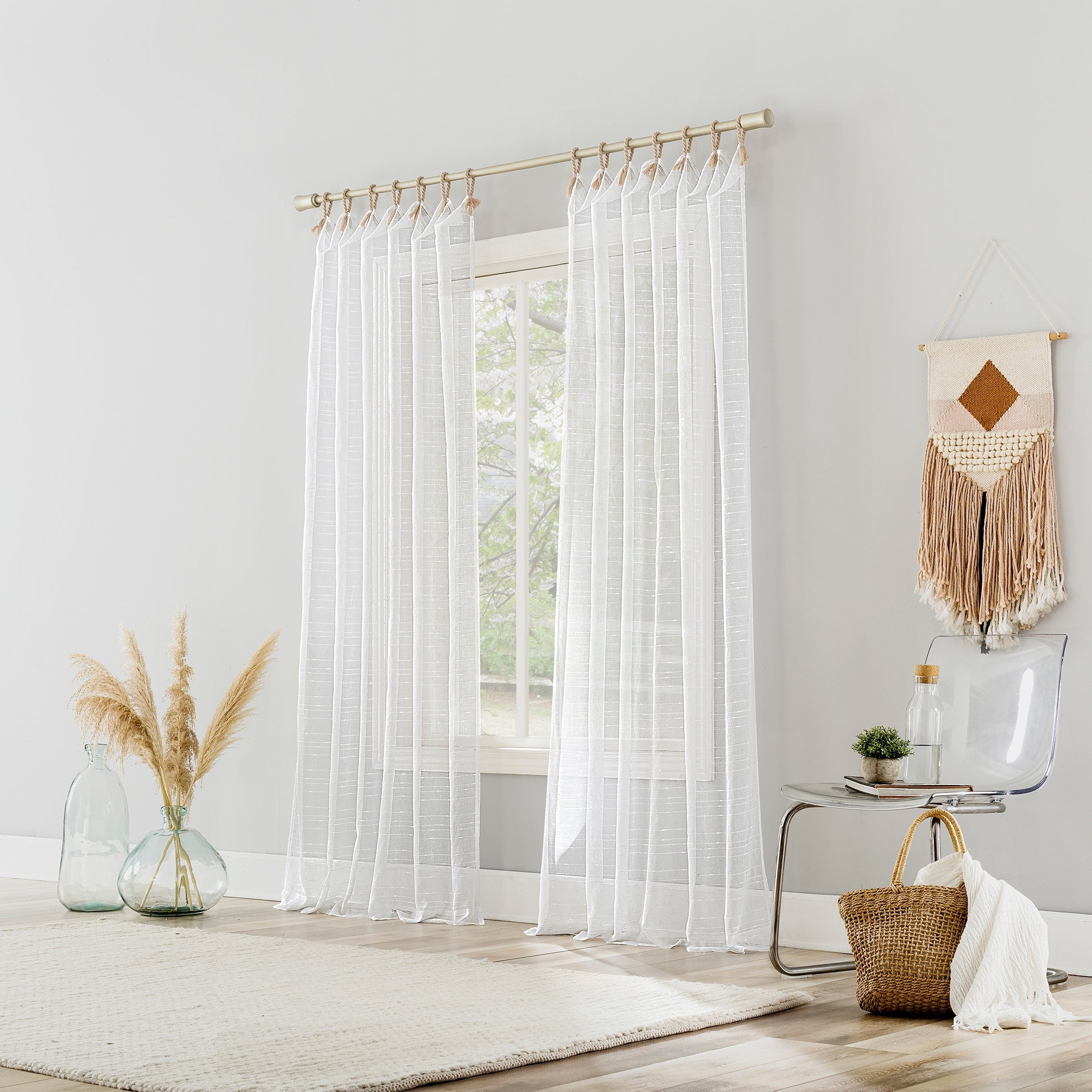 No. 918 Noemi Slub Stripe Rope Tab Semi-Sheer Tie Top Curtain Panel, Single Panel