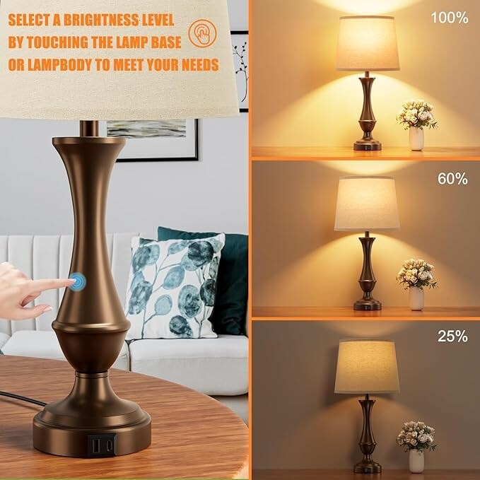 Touch Lamps Set of 2 - Nightstand Table Lamp with USB C+A, 3 Way Dimmable