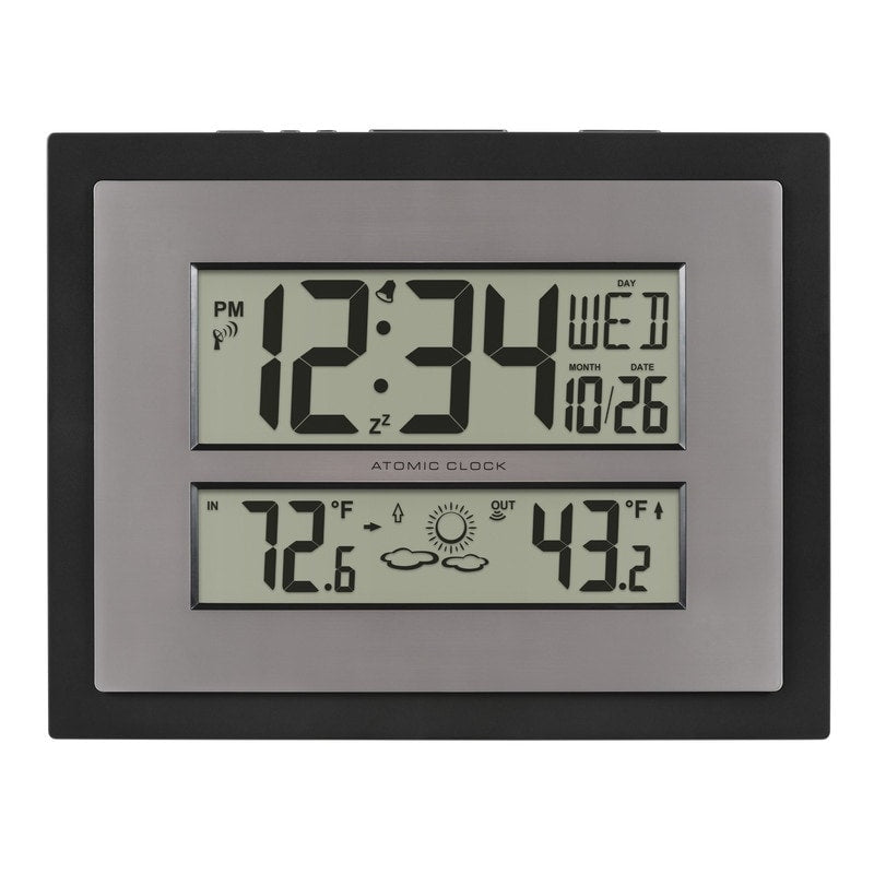 Atomic Digital Clock with Temp & Forecast in Black/Silver, 512-65937