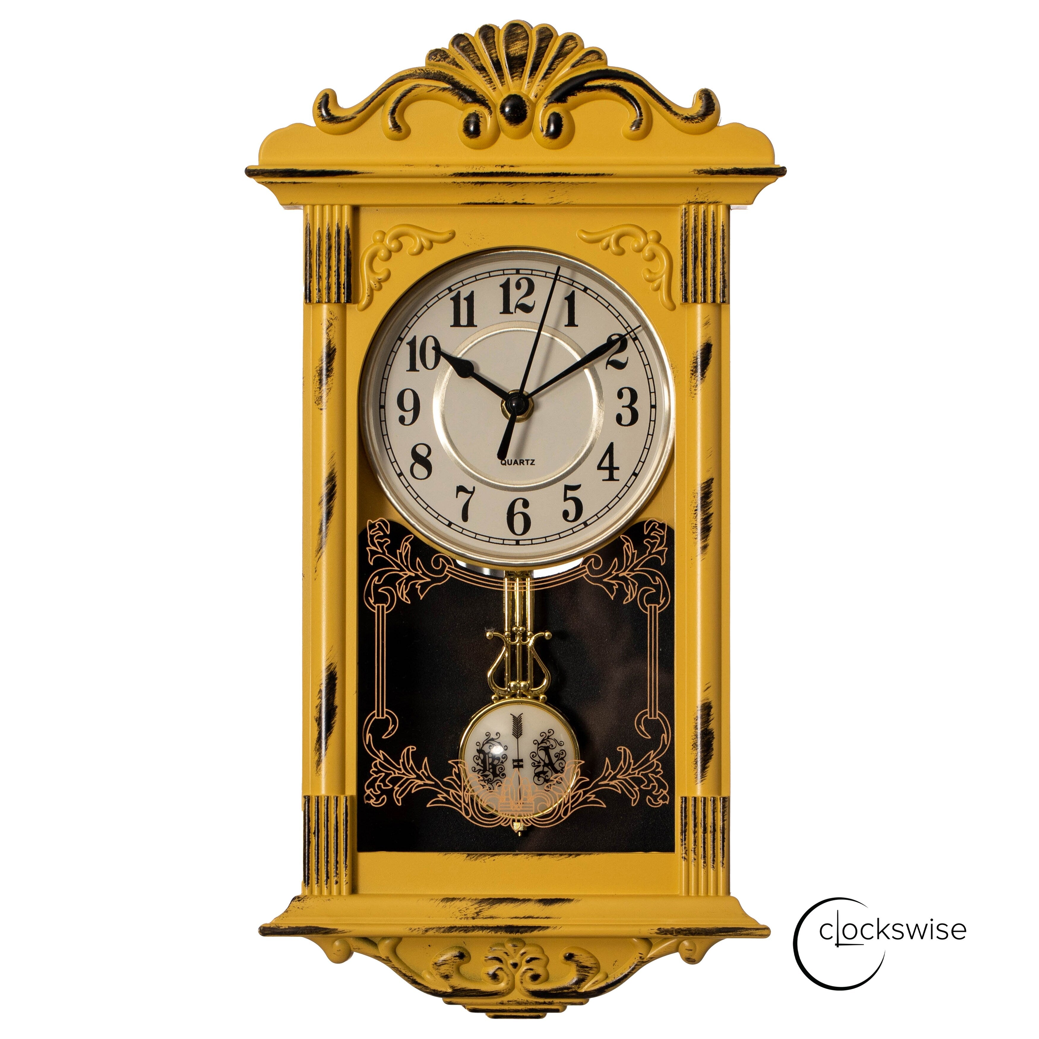 Clockswise Vintage Grandfather Wood-Looking Plastic Pendulum Decorative Battery-Operated Wall Clock Brown, for Home Decor