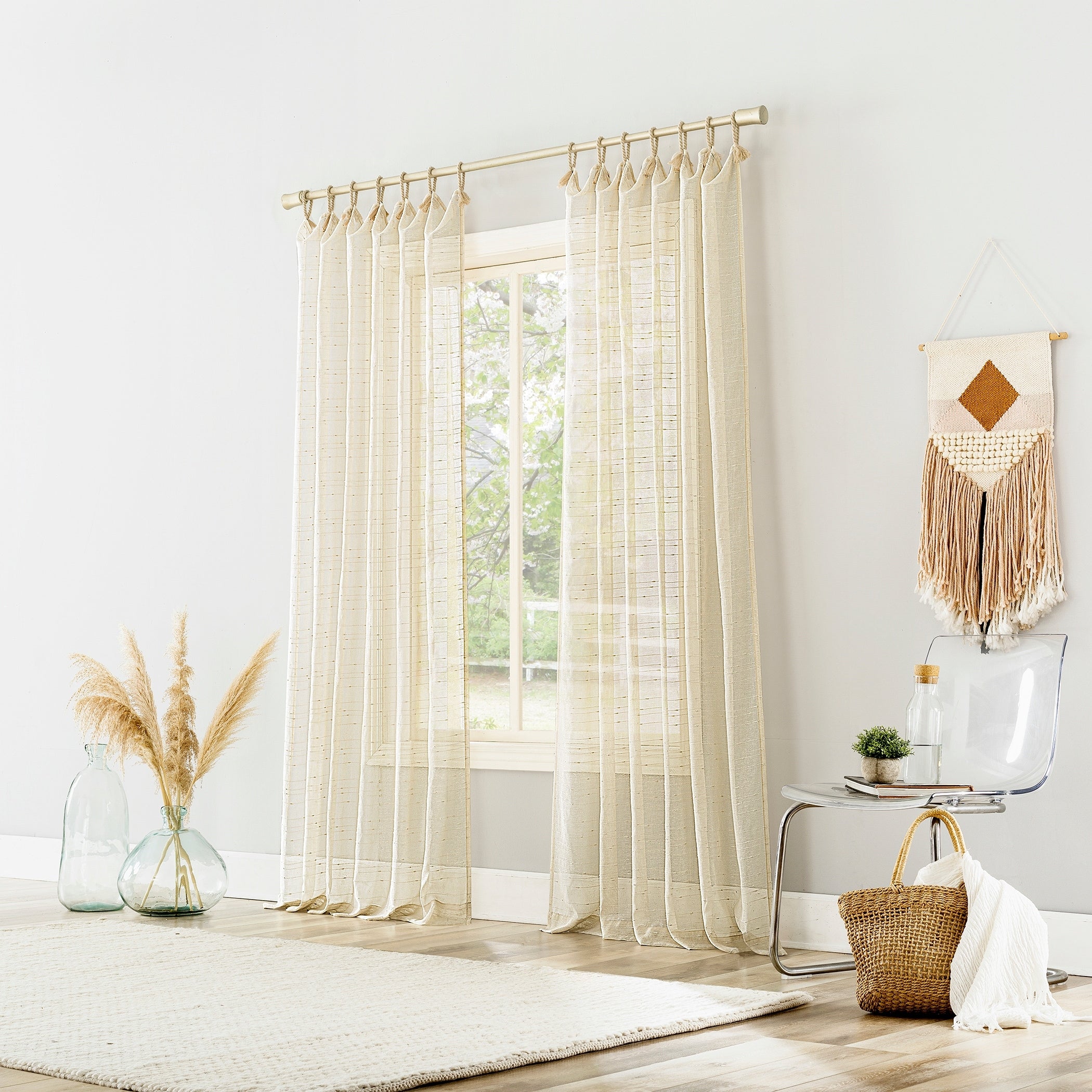 No. 918 Noemi Slub Stripe Rope Tab Semi-Sheer Tie Top Curtain Panel, Single Panel