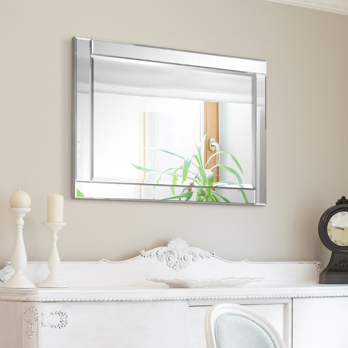 Beveled Rectangle Wall Mirror,Solid Wood Frame,1-Beveled Center, Bathroom,Bedroom,Living Room,Ready to Hang - Clear