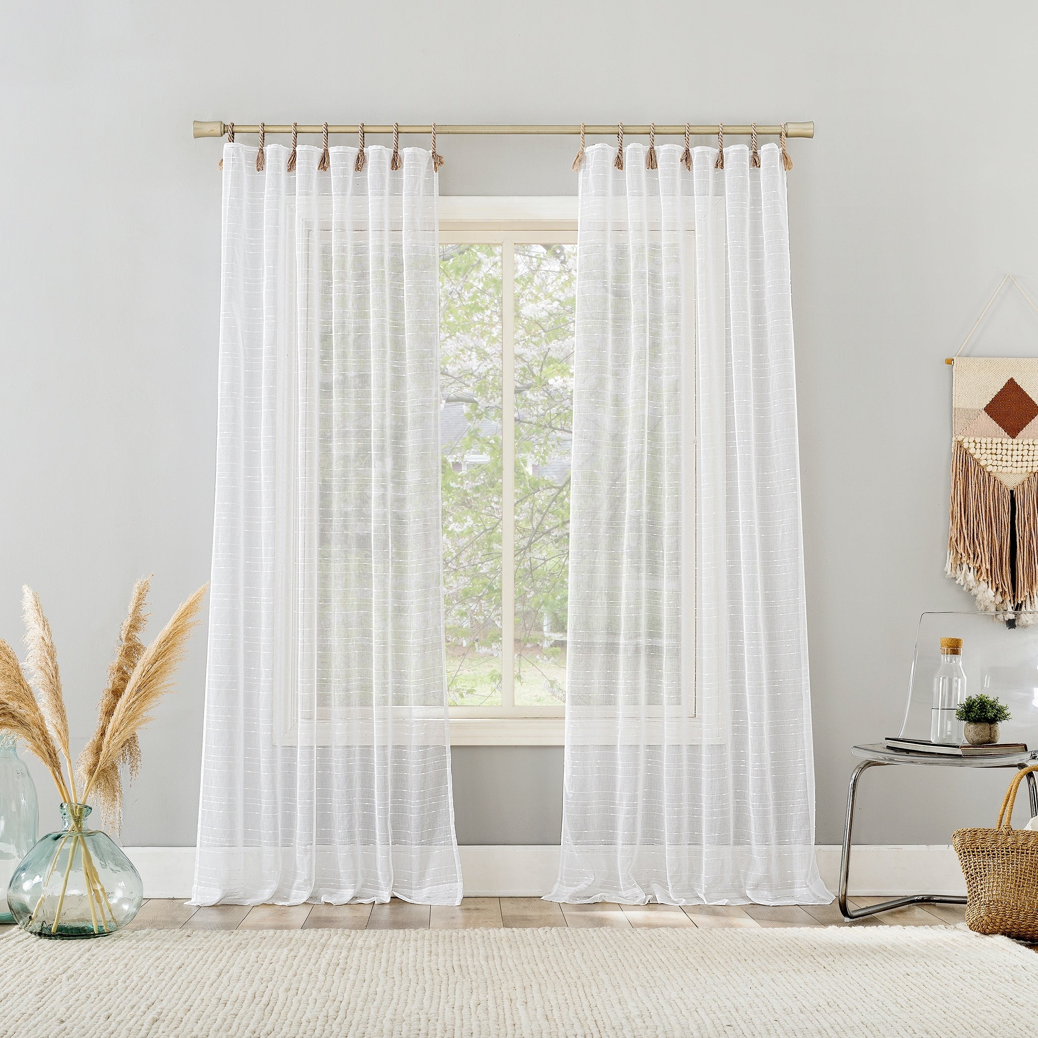 No. 918 Noemi Slub Stripe Rope Tab Semi-Sheer Tie Top Curtain Panel, Single Panel