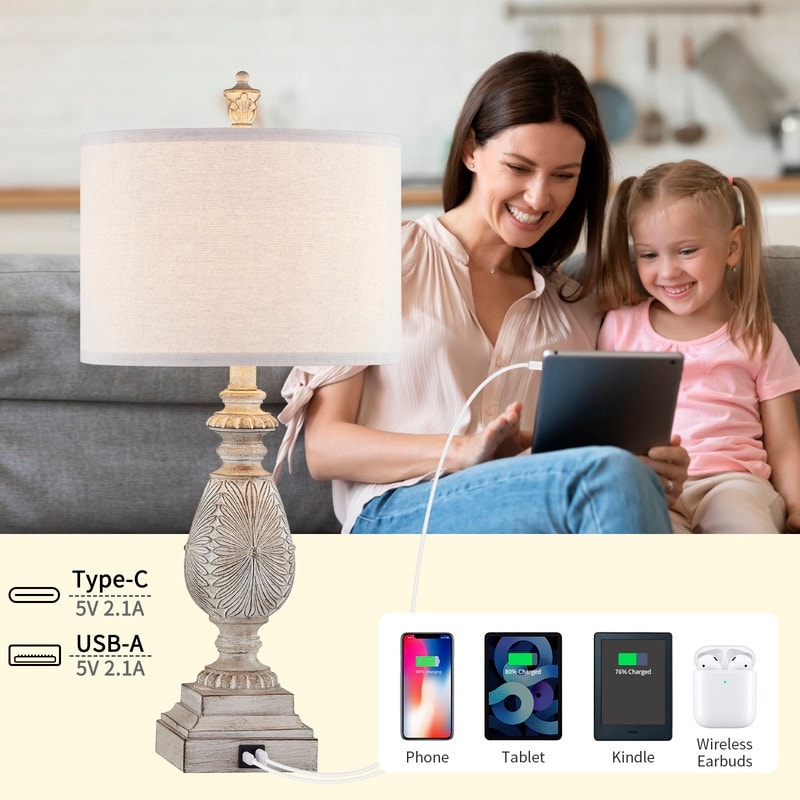 KAWOTI 26.25” Farmhouse Bedside Table Lamp with USB Ports(Set of 2) - W12 x H26.25