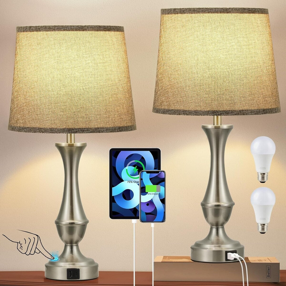 Touch Lamps Set of 2 - Nightstand Table Lamp with USB C+A, 3 Way Dimmable