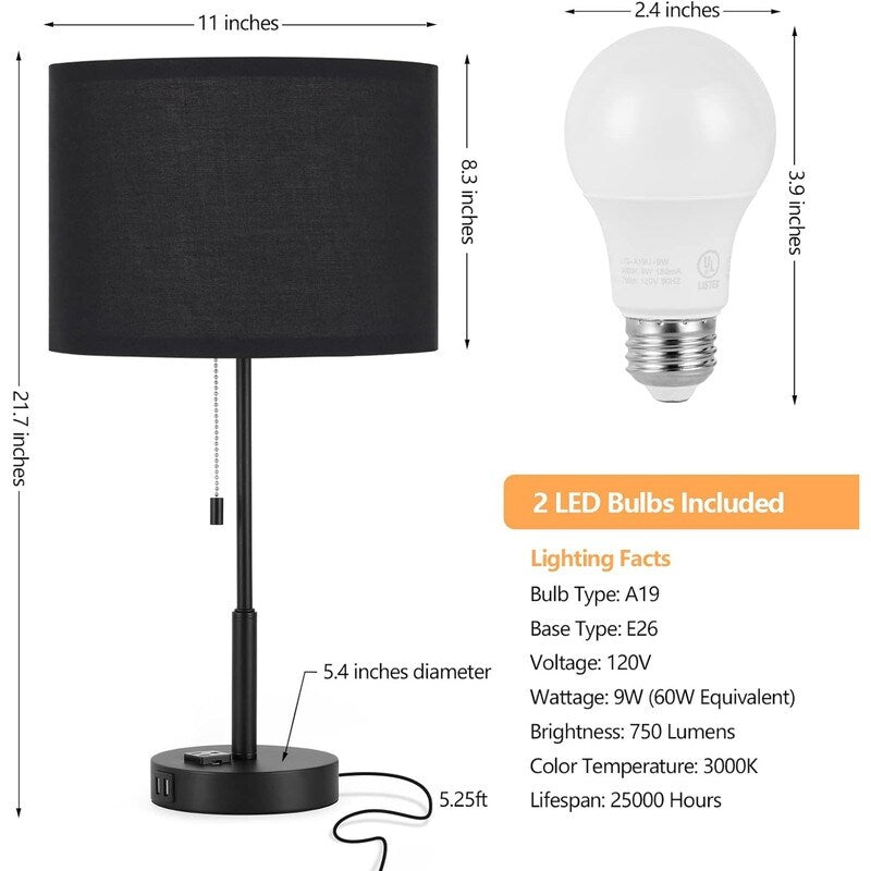 21.7 Table Lamp (Set of 2) with USB Charging Port, Nightstand Lights - 11D x 11W x 21.7H