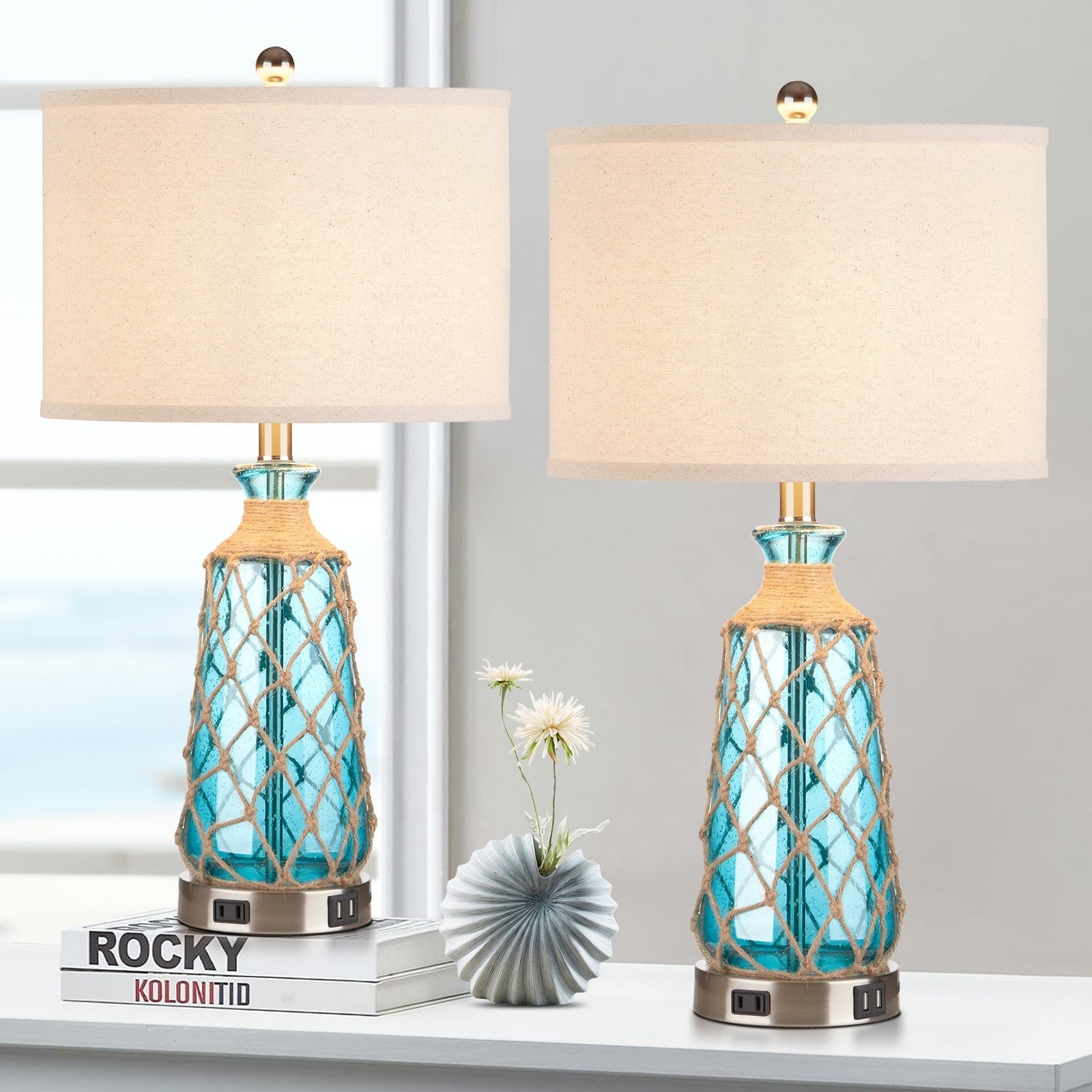 Blue Bubble Glass Table Lamp with Artistic Woven Rattan 3-way Dimming USB Port AC Outlet (Set of 2)