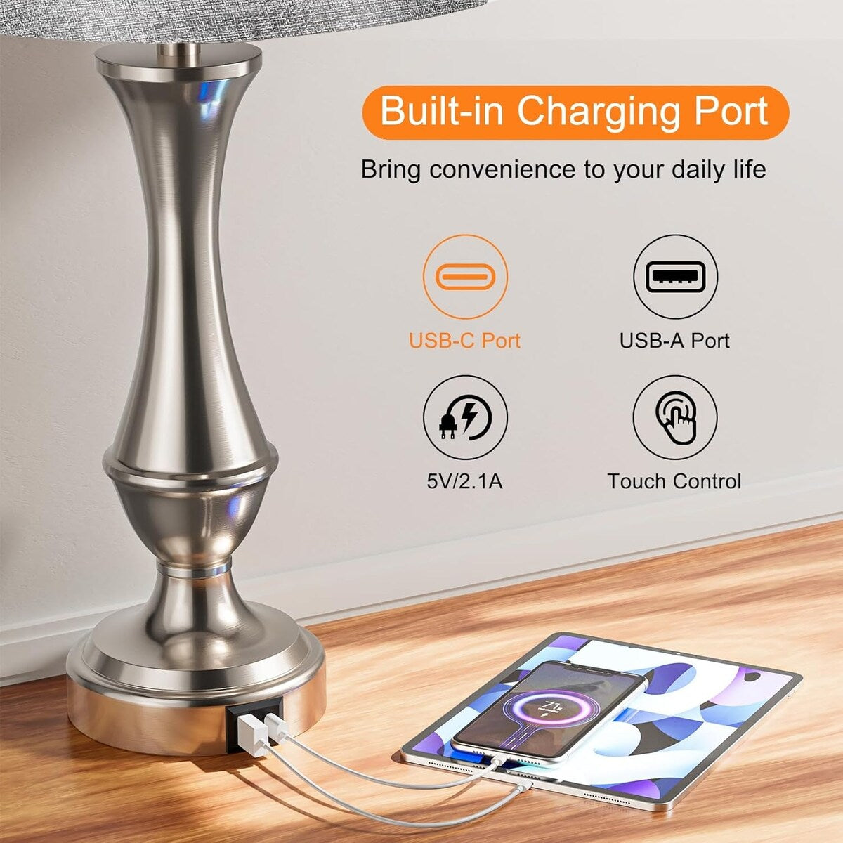 Touch Lamps Set of 2 - Nightstand Table Lamp with USB C+A, 3 Way Dimmable