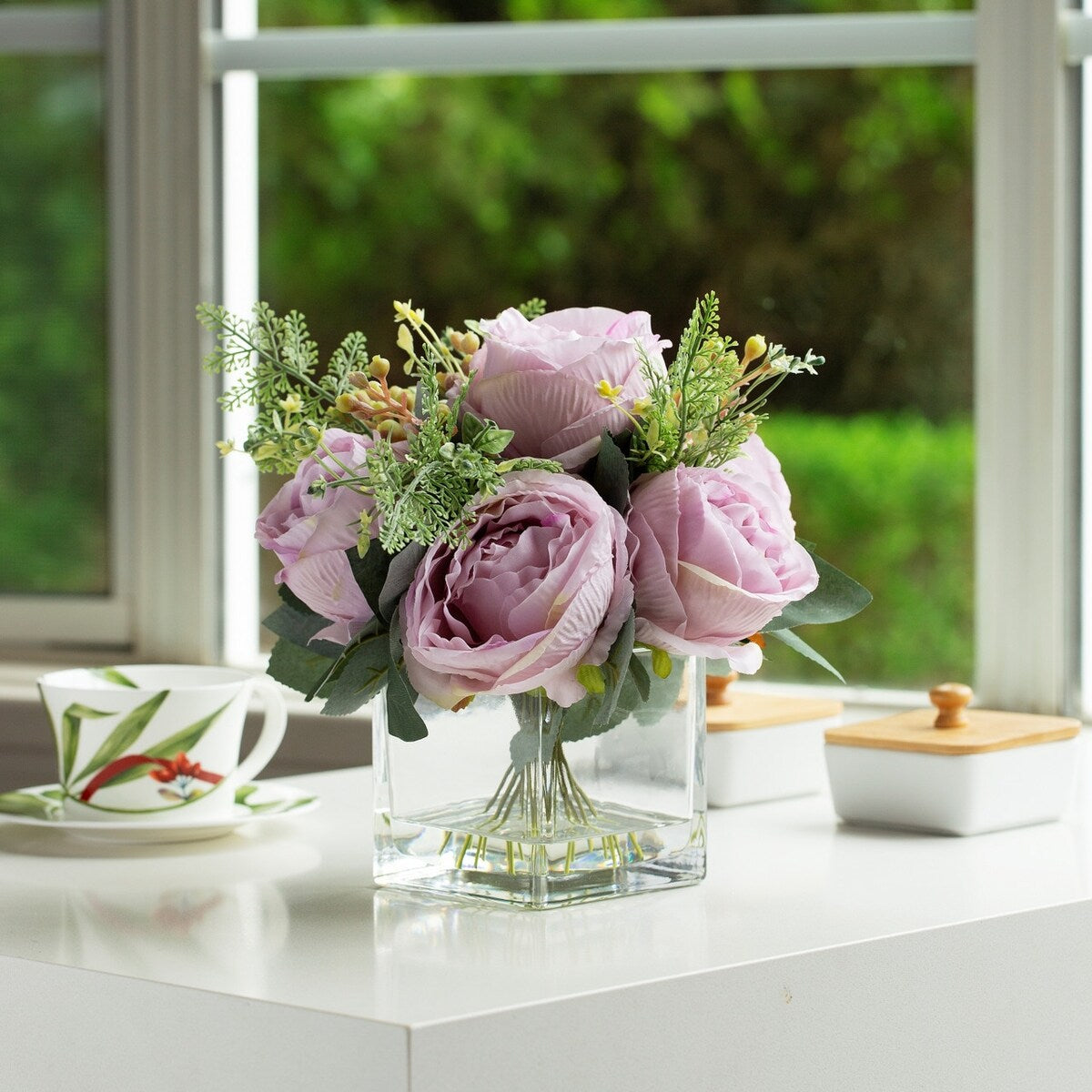 Mixed Peony Artificial Flowers in Vase with Faux Water, Silk Flower Arrangements in Vase for Home Decor, Wedding Table