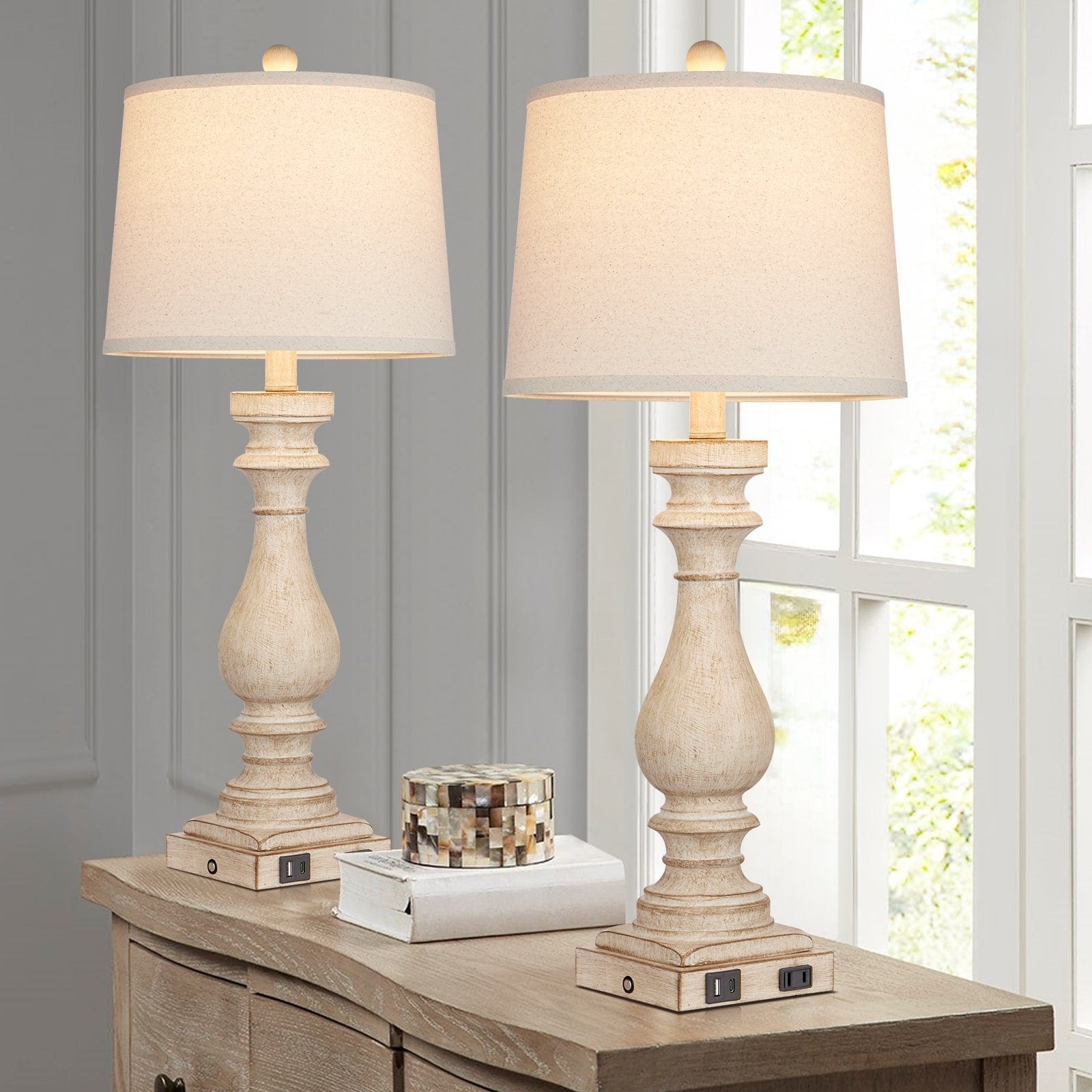 Table Lamps Resin White Vintage Oblique Shade USB Type-C Charging Ports(Set of 2) - 12.5'' x 12.5'' x 29'' (L x W x H)