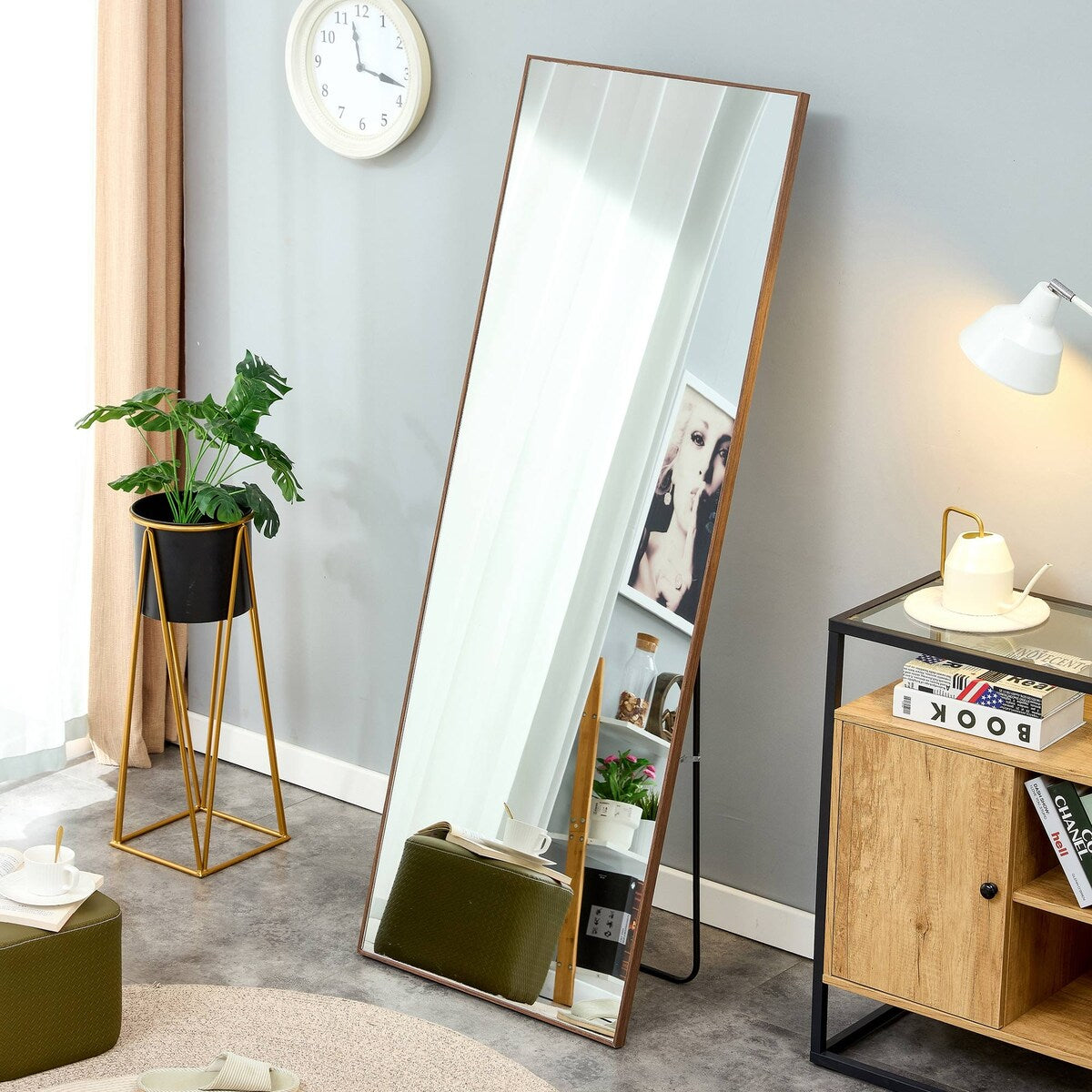 Solid wood frame full-length mirror, floor mounted/wall mounted