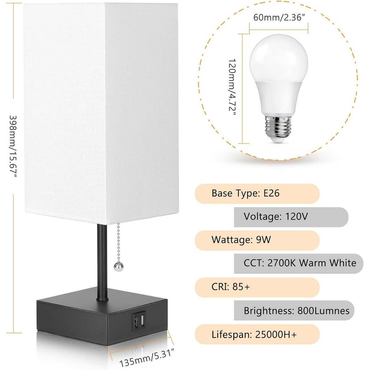 The Bedside Table Lamp, Pull Chain Table Lamp with USB C+A Charging Ports, 2700K LED Bulb, Fabric Linen Lampshade